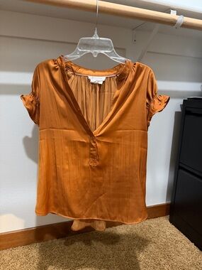 Anthropologie Satin V-Neck Blouse in Burnt Orange